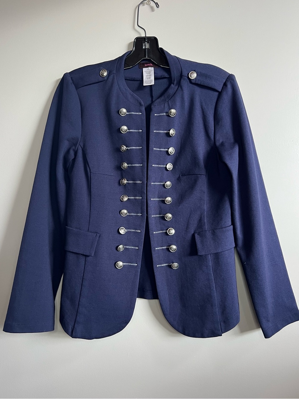 Mark Military Style Blazer Jacket Blue Silver Button Career Women Medium